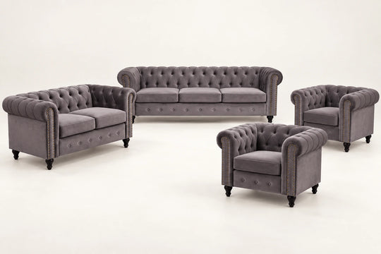 Harley Sofa — 7-seat set visualization: one 3-seater, one 2-seater and two matching chairs. طقم ٧ مقاعد: ثلاثي + ثنائي + كرسيين.