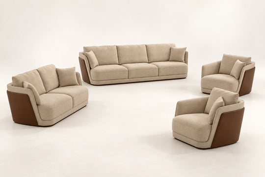 Richmond Sofa — 7-seat set visualization: one 3-seater, one 2-seater and two matching chairs. طقم ٧ مقاعد: ثلاثي + ثنائي + كرسيين.