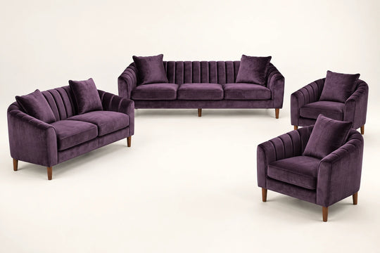 Dionne Sofa — 7-seat set visualization: one 3-seater, one 2-seater and two matching chairs. طقم ٧ مقاعد: ثلاثي + ثنائي + كرسيين.