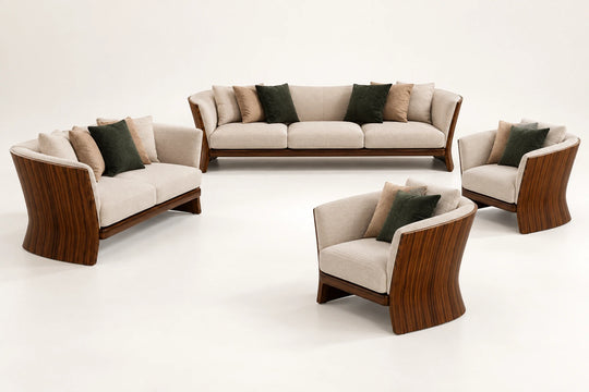 Newent Sofa — 7-seat set visualization: one 3-seater, one 2-seater and two matching chairs. طقم ٧ مقاعد: ثلاثي + ثنائي + كرسيين.